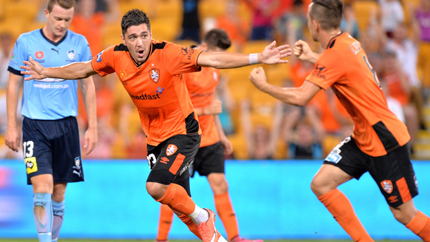 Roar attacker Dimitri Petratos celebrates scoring against Sydney FC in Round 25.
