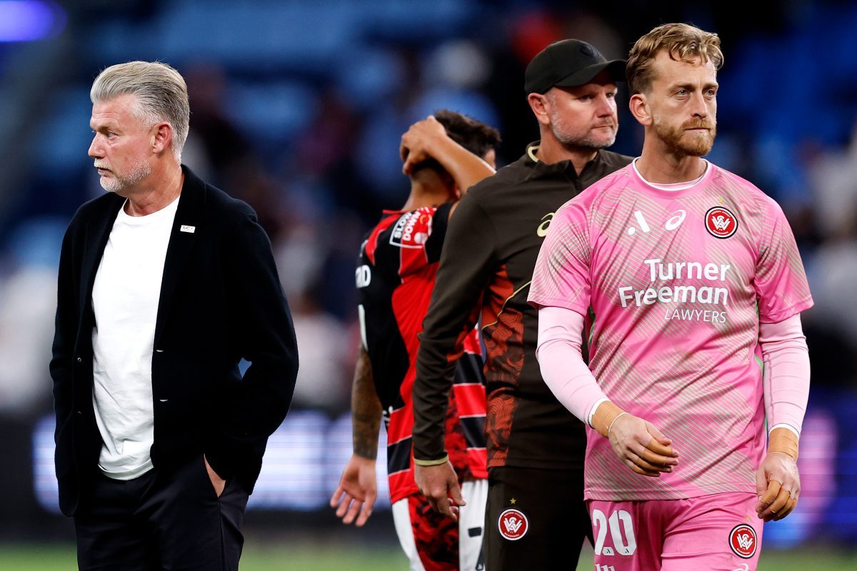 Wanderers manager, Ufuk Talay reacts at full-time at Allianz Stadium.