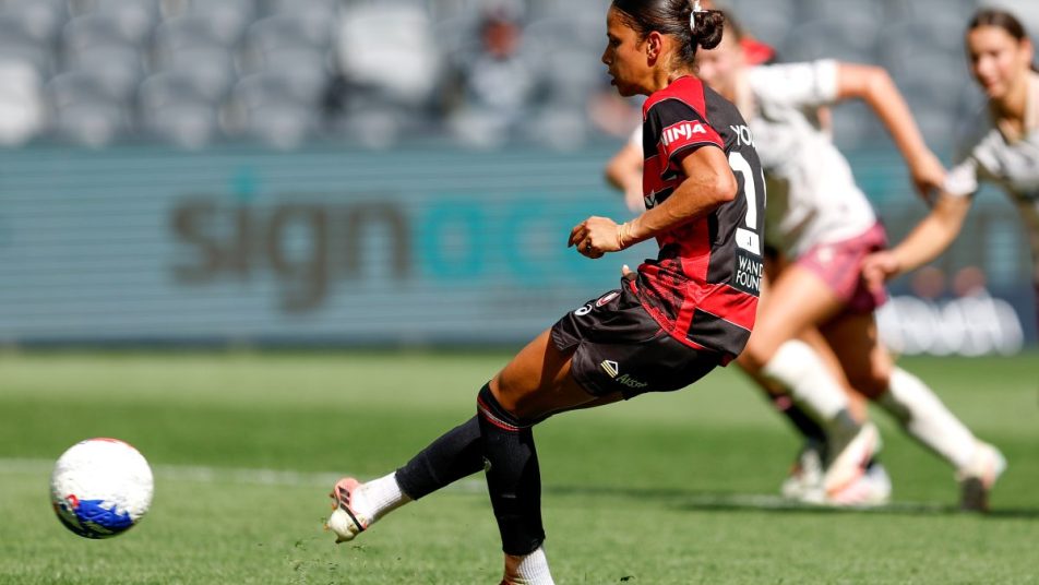 Talia Younis of the Wanderers scores a penalty at CommBank Stadium.