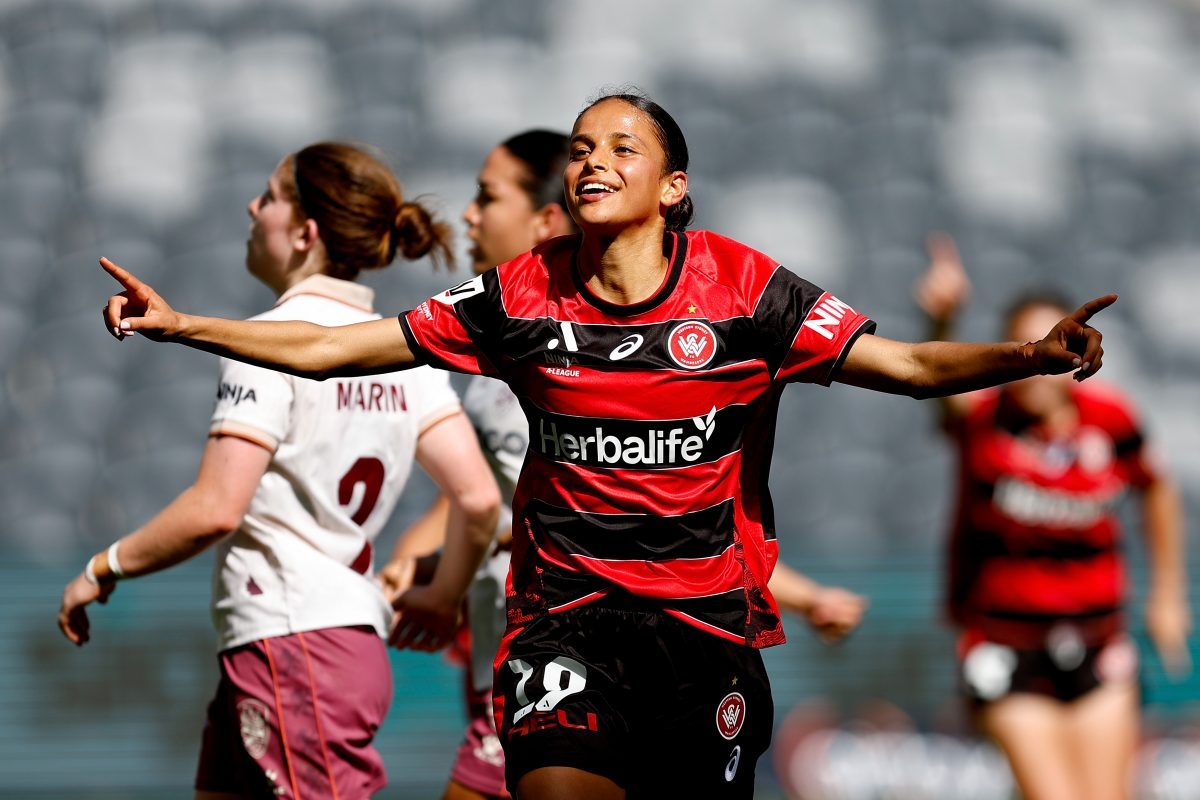Talia Younis of the Wanderers celebrates scoring a goal at CommBank Stadium.