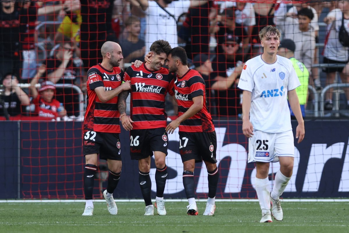 Brandon Borrello of the Wanderers celebrates scoring his teams first goal at CommBank Stadium.
