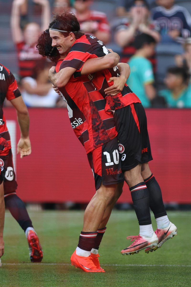William Gillion of the Wanderers celebrates scoring his teams second goal at CommBank Stadium.