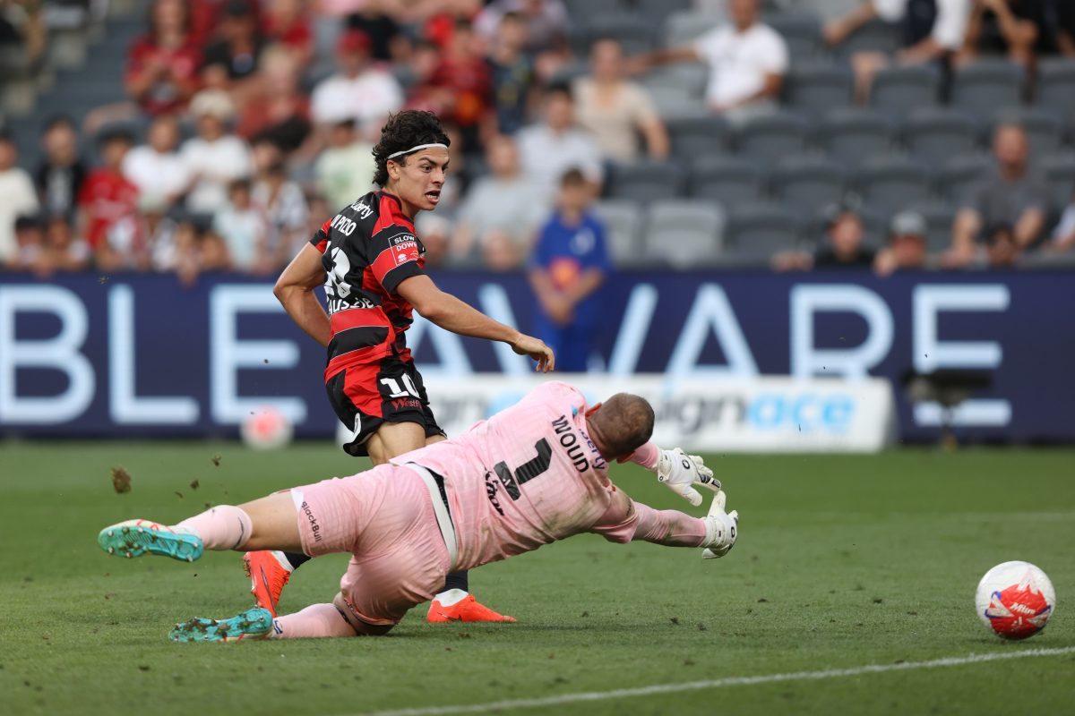 Miguel Di Pizio of the Wanderers scores his teams fourth goal at CommBank Stadium.